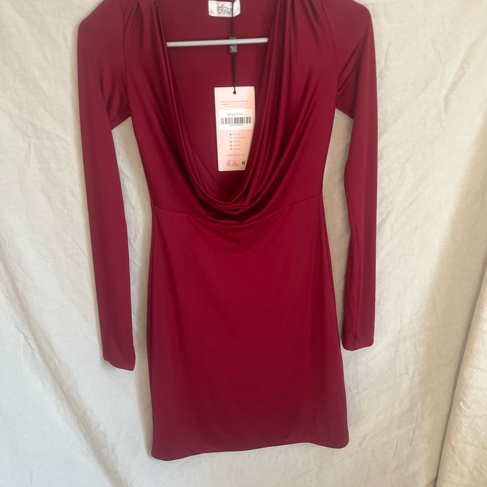 Oh Polly Slinky Jersey Long Sleeve Mini Dress in Red.